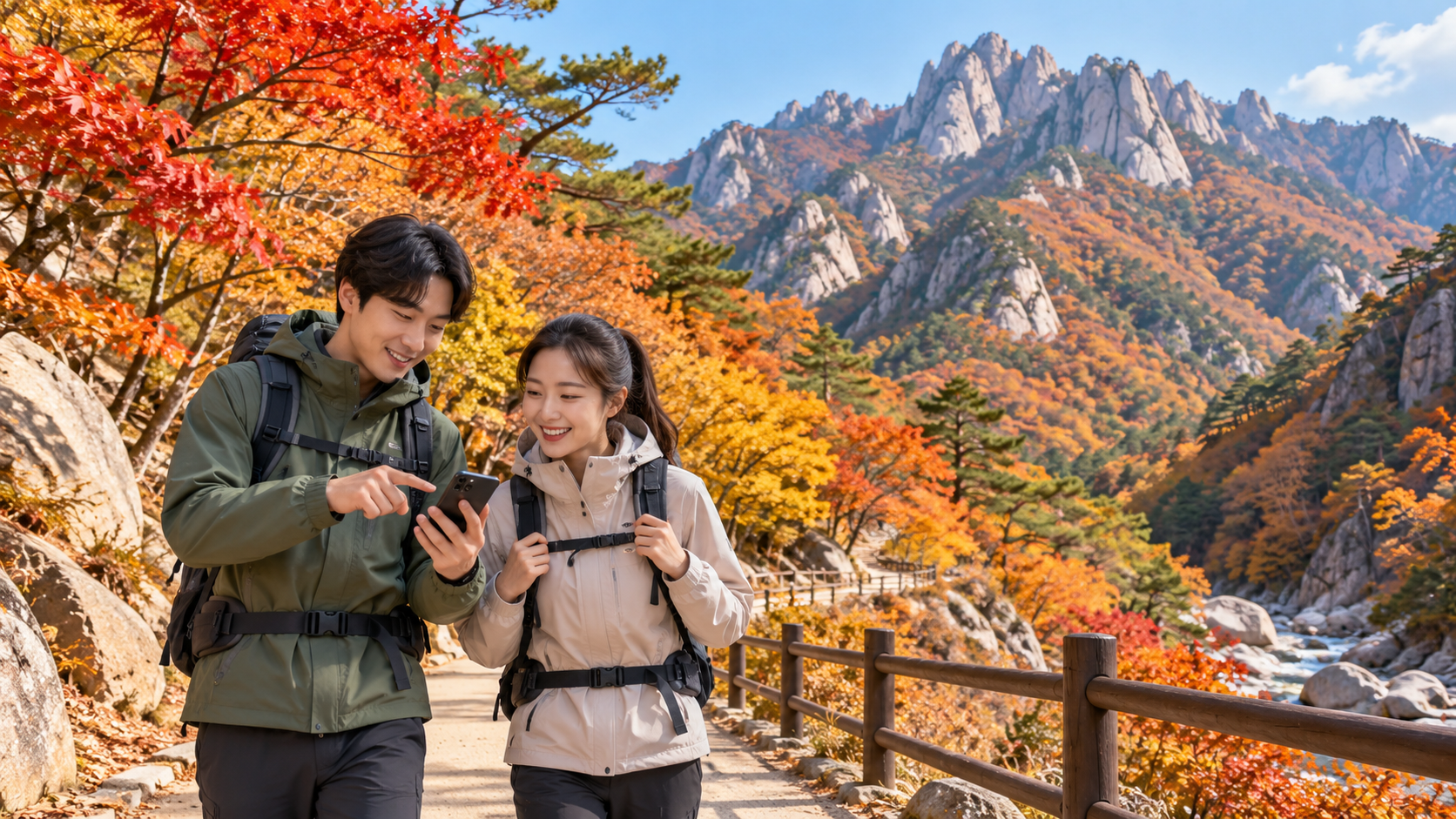 가을 설악산 흘림골 예약 탐방로를 걷는 여행자
