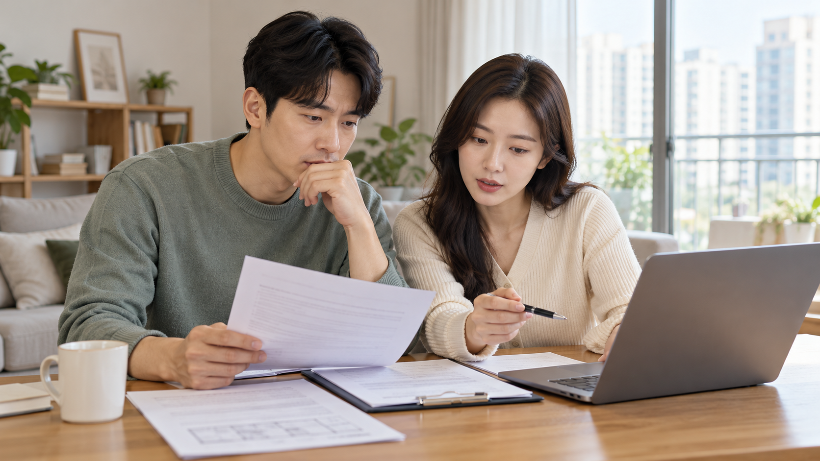 주택 임대차계약서와 노트북으로 신고 내용을 확인하는 모습