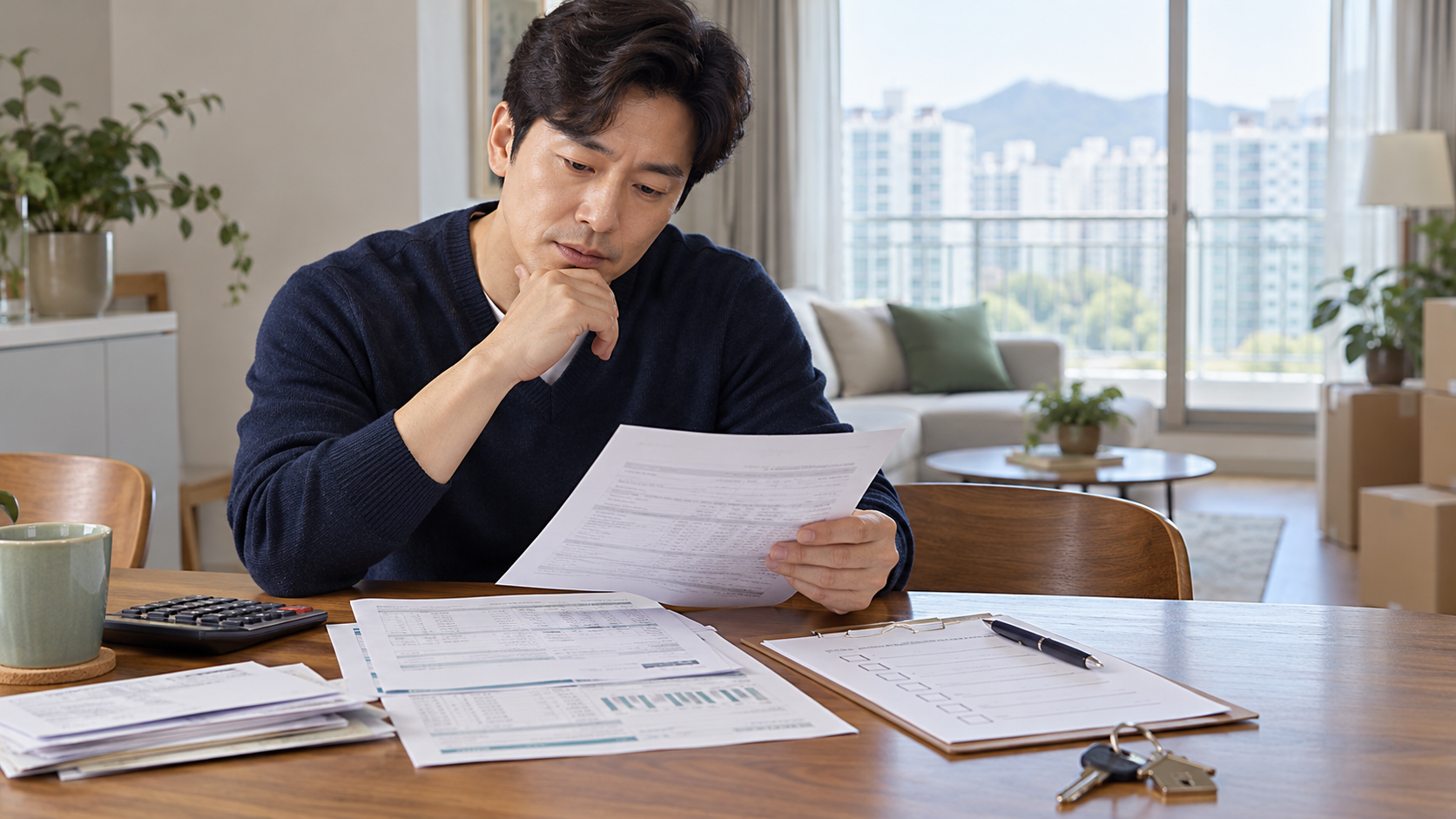 아파트 관리비 내역과 이사 점검표를 살펴보는 세입자