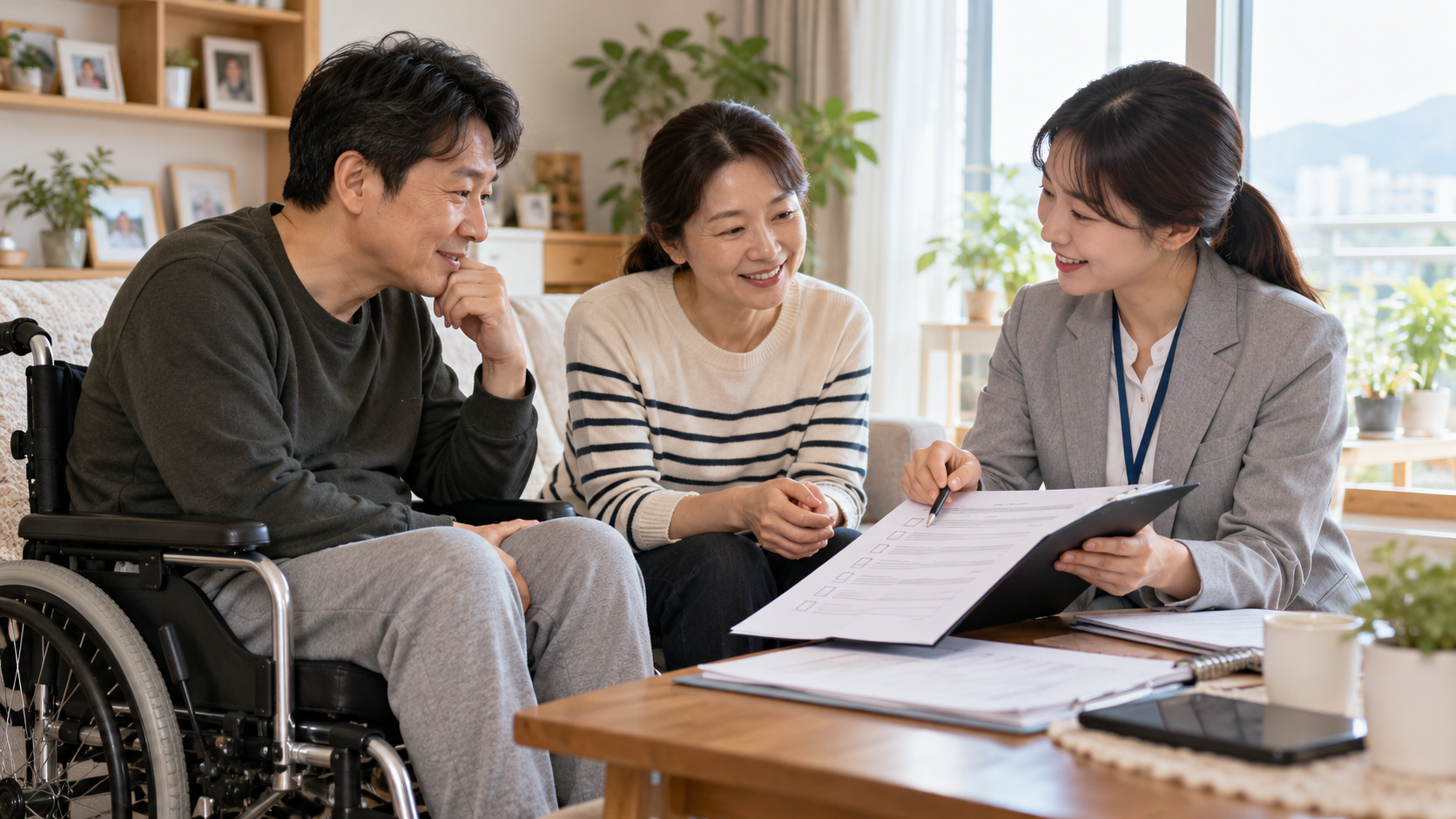 장애인활동지원 신청을 사회복지사와 가족이 함께 확인하는 모습