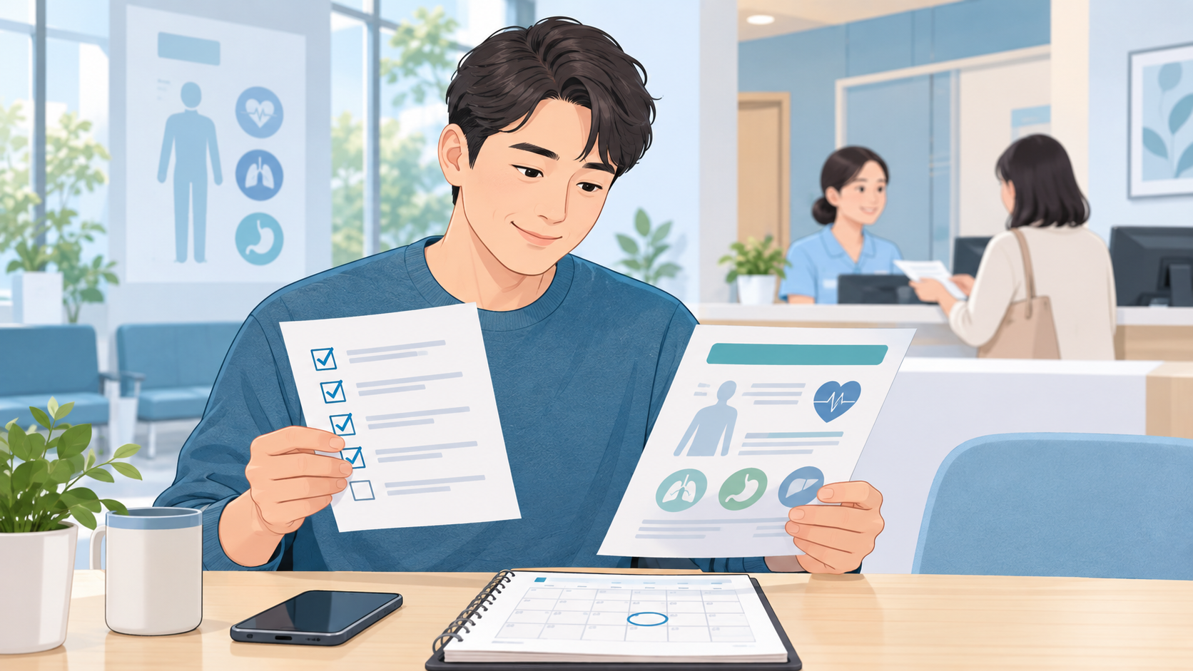 국가건강검진 대상 조회와 예약를 설명하는 AI 생성 삽화