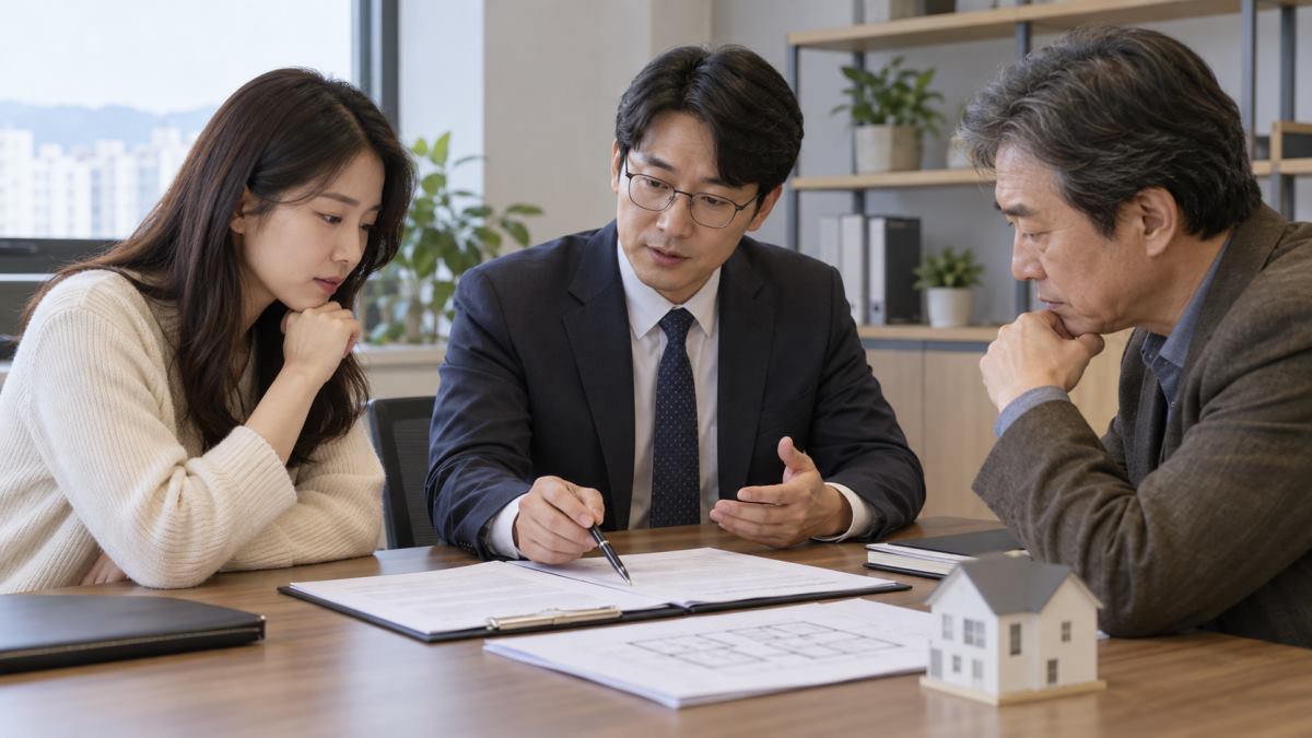 임대차 분쟁조정 상담에서 계약서를 검토하는 임차인과 조정자